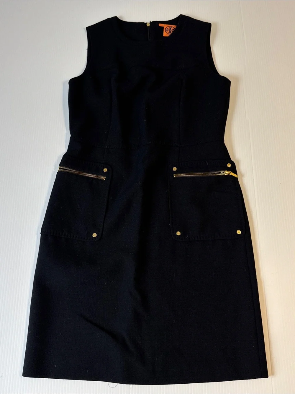 Tory Burch Black Wool Blend Utility Shift Dress Gold Zip Pockets Quiet Luxury 8